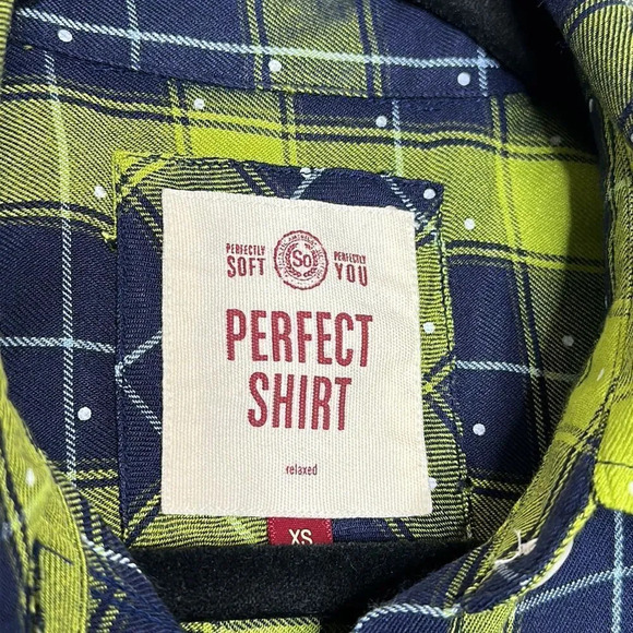 SO S Plaid Flannel Shirt Green Navy Blue White Polka Dot So Soft - Picture 7 of 9
